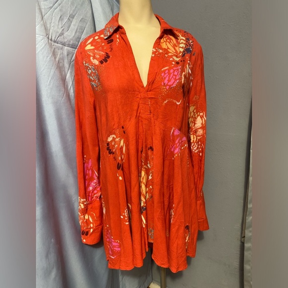 Free People Red Bell Sleeve Tunic with Mandarin Collar - Picture 10 of 13